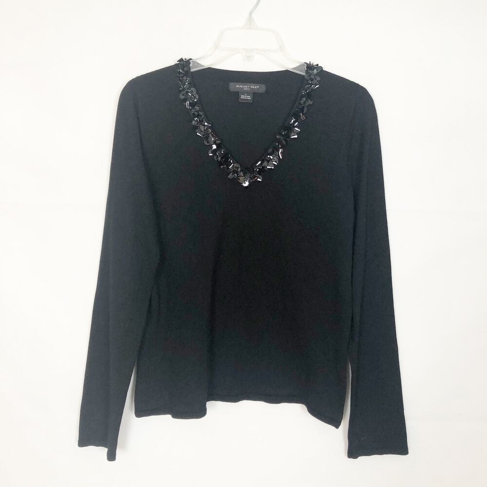 August Silk Blend V-Neck Long Sleeve Black Knit Sweater Size L